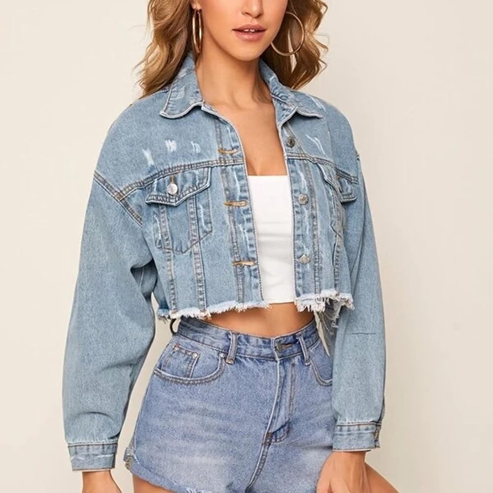 SHEIN Women Size Large Light Wash Cropped Denim Jacket Raw Hem Distressed Blue